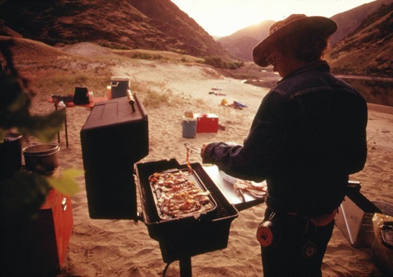 Breakfast at campsite on the Snake River in Hells Canyon. With the growing popularity of river trips..., 05-1973