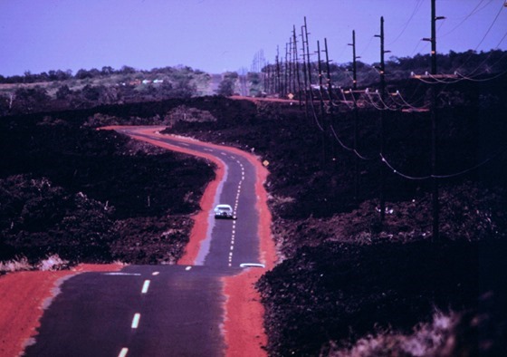 Highway 11 passing over 1868 lava flow near Waiohinu