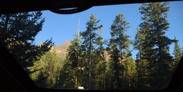 View from inside the camper, standing up, looking out through skylight, Fox Creek Campground, Wyoming, August 15, 2014