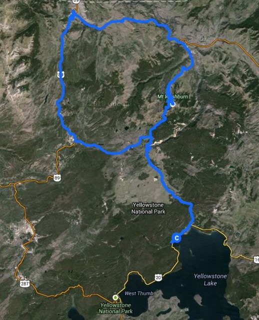 Travel route, Yellowstone National Park, August 18, 2014