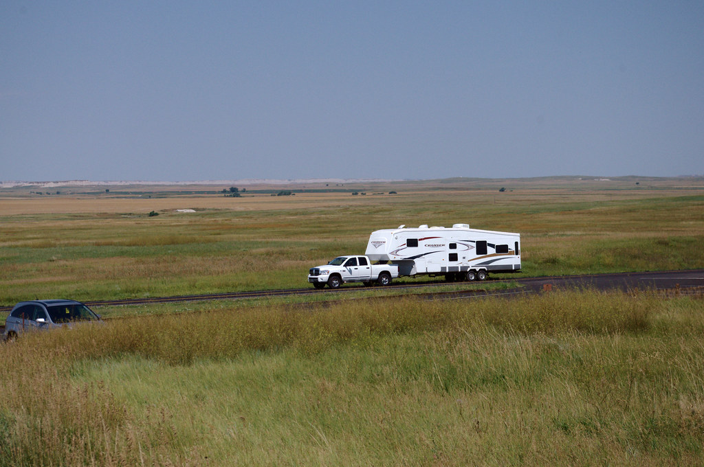 Crossroads Cruiser fifth wheel on the road in Badlands National Park, South Dakota, August 11, 2014