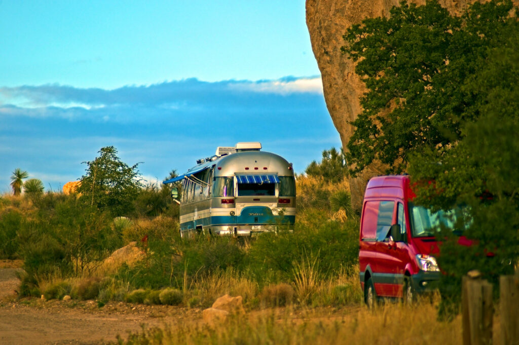 A 350LE Airstream Class A motorhome and a Class B motorhome at City of Rocks State Park, New Mexico, October 20, 2018 
