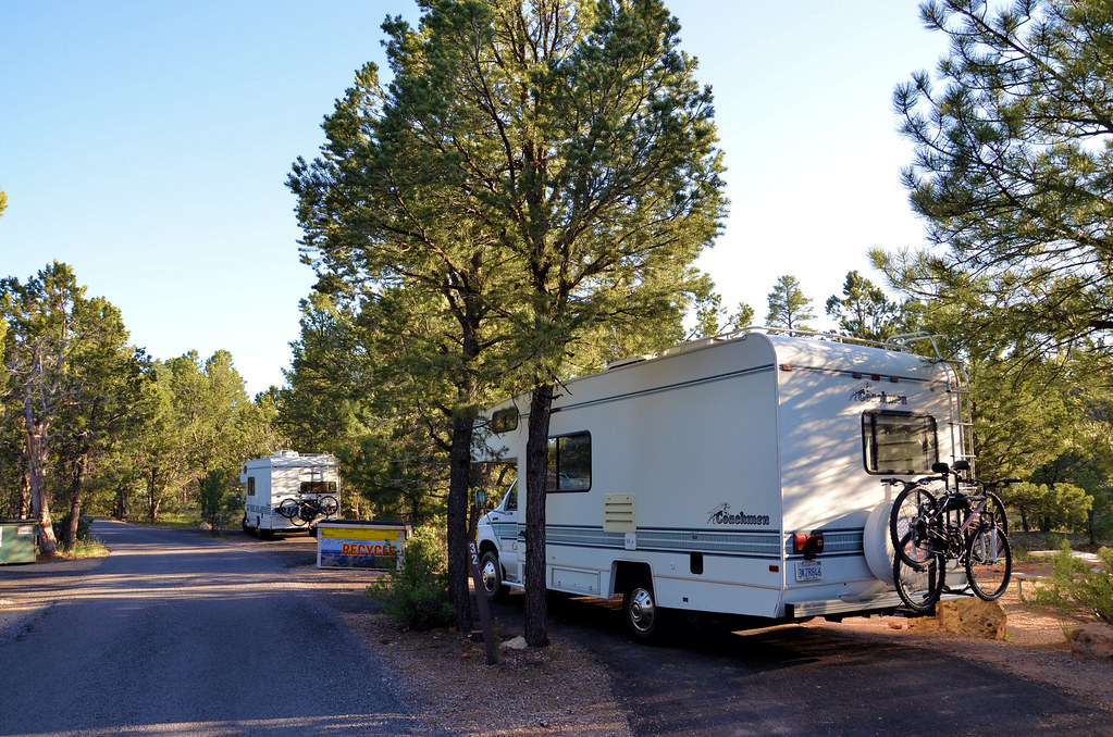 Class C motorhome in pull through site, Mather Campground in Grand Canyon Village on the South Rim of Grand Canyon National Park, Arizona. National Park Service photo, May 22, 2011