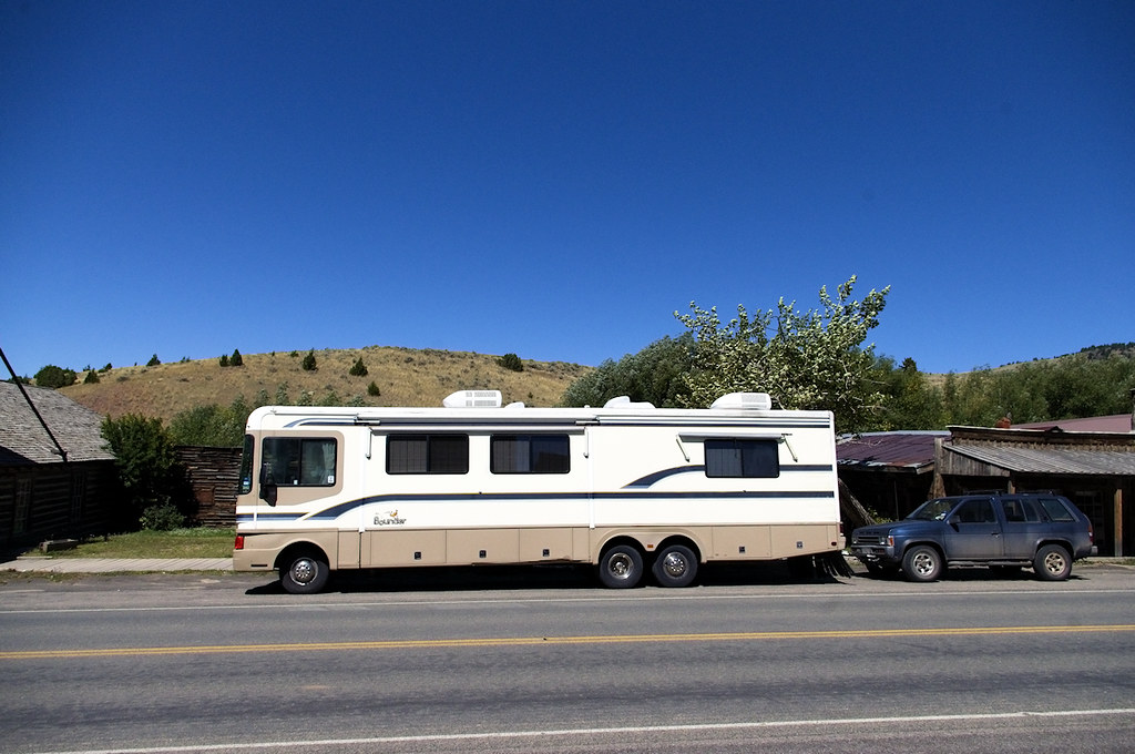 Class A Bounder motorhome parked in Virginia City, Montana, September 2, 2014