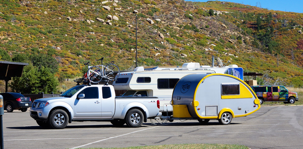Teardrop (T@B) trailer at Morefield Store for campground check-in; Mesa Verde Nsational Park, Colorado