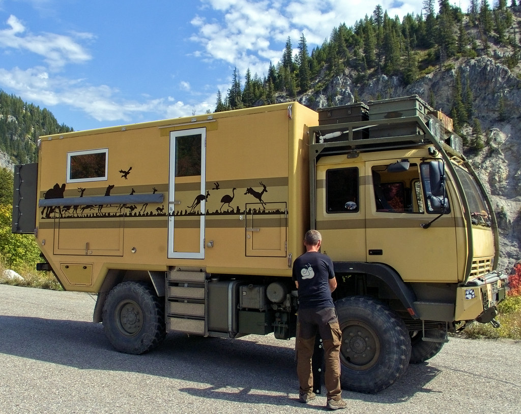  Offroad RV expedition vehicle built on a Steyr all-terrain general utility truck, Snake River between Hoback Jubtion and Alpine, Wyoming, September 5, 2014