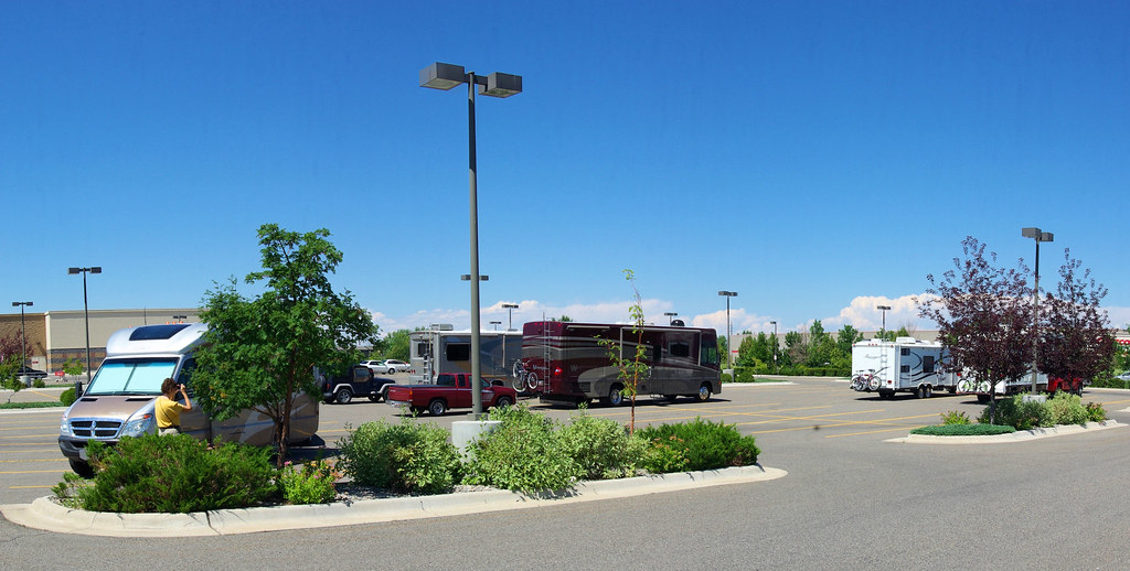 Our small Class C motorhomes (on left) and several other RVs in Bozeman, Montana, stopped for lunch, August 1, 2010