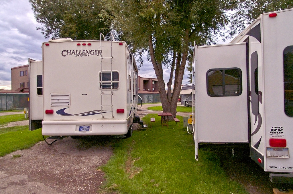 Two fifth wheel trailers, KOA (Campgrounds of America), Missoula, Montana, August 23, 2014